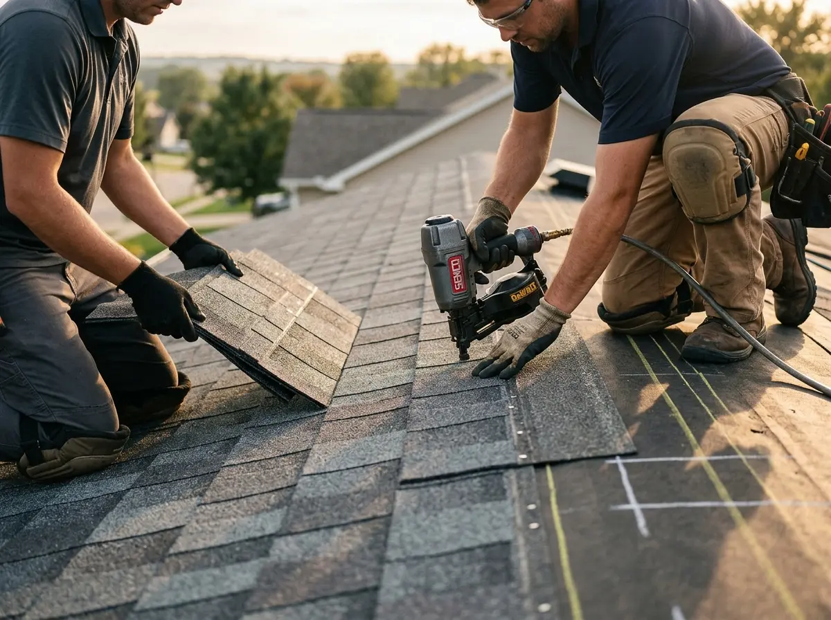 Professional roofer working on a residential roof in Audubon